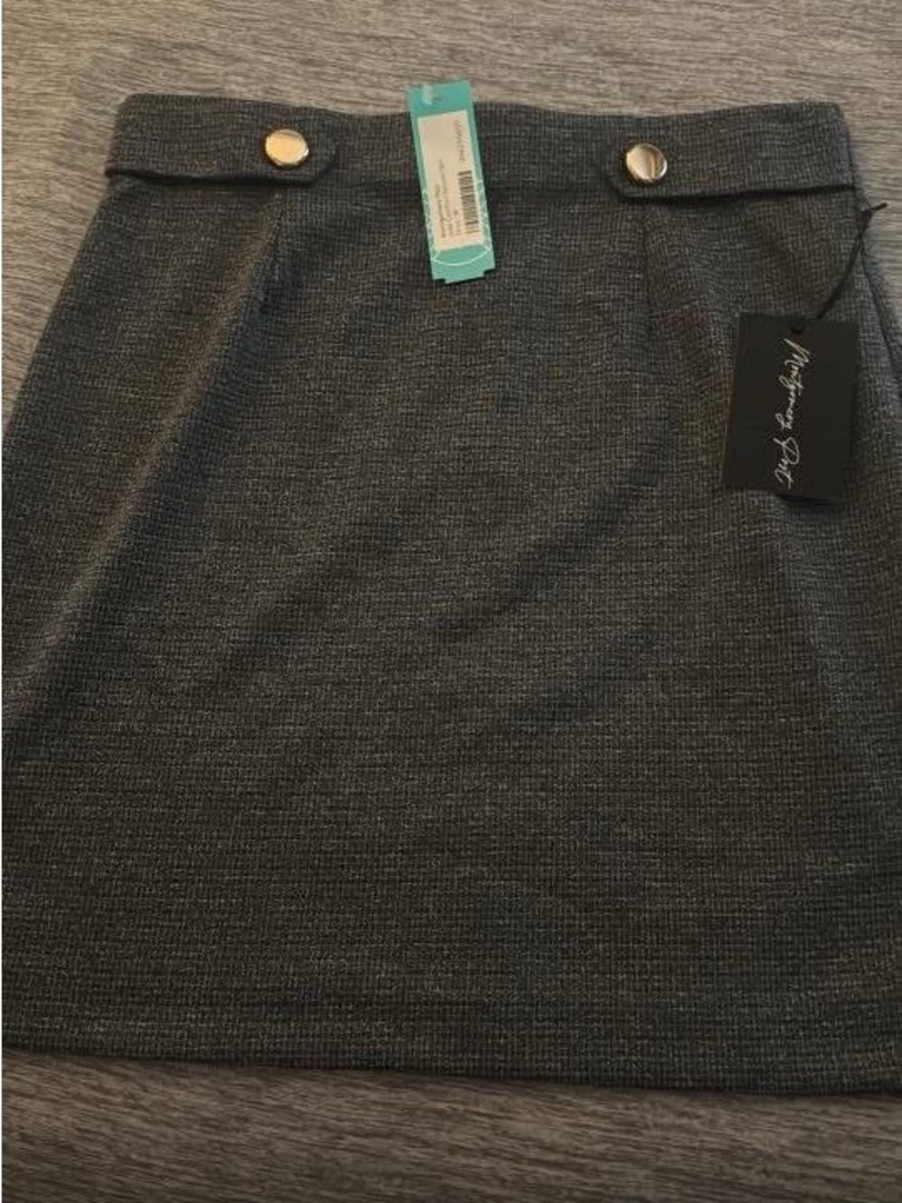 Textured Charcoal Mini Skirt with Gold-Tone Buttons